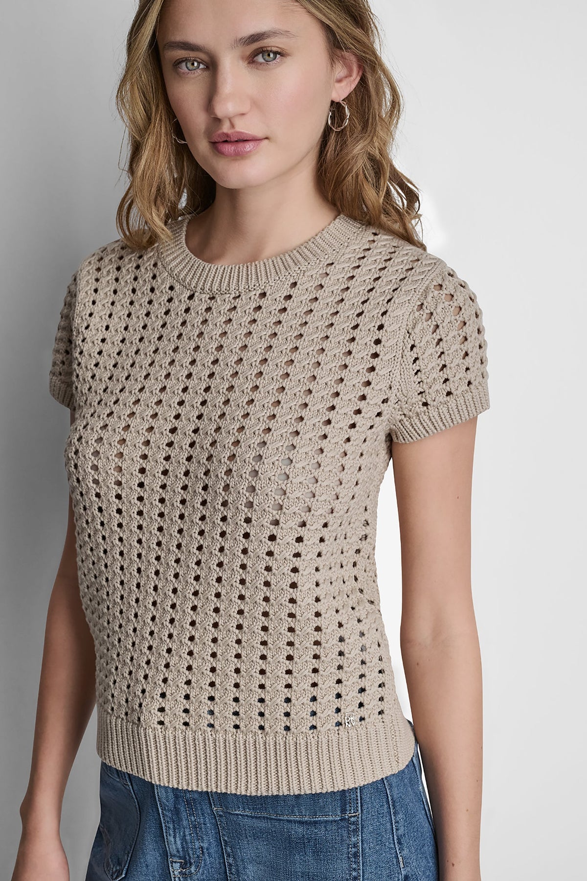 CHUNKY POINTELLE SHORT SLEEVE SWEATER Frost Blue | DKNY
