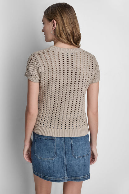 CHUNKY POINTELLE SHORT SLEEVE SWEATER Frost Blue | DKNY