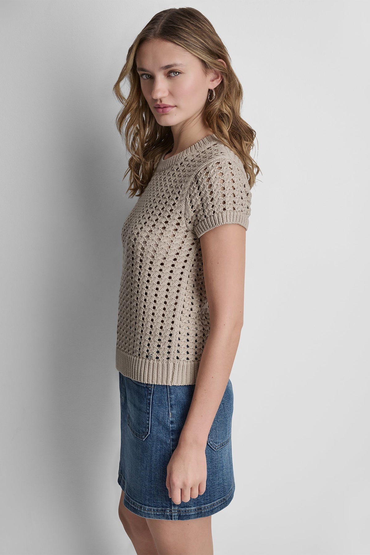CHUNKY POINTELLE SHORT SLEEVE SWEATER Frost Blue | DKNY
