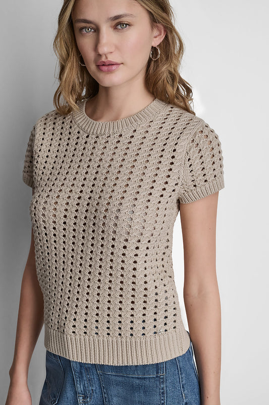CHUNKY POINTELLE SHORT SLEEVE SWEATER Eggnog | DKNY