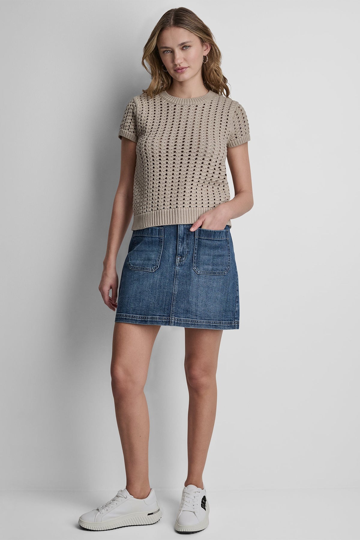 CHUNKY POINTELLE SHORT SLEEVE SWEATER Eggnog | DKNY