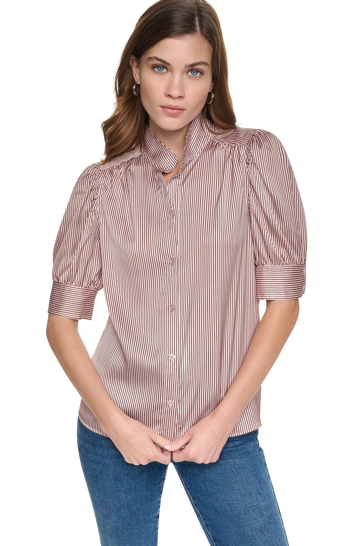 PUFF SHORT SLEEVE SHIRT Dover Stripe/Blush Pink | DKNY