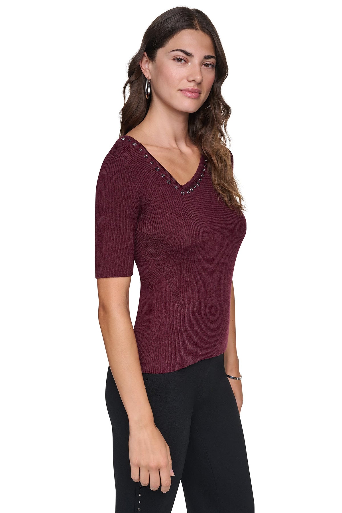 ASYMMETRIC NECK STUDDED SWEATER Cabernet | DKNY