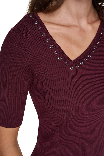 ASYMMETRIC NECK STUDDED SWEATER Cabernet | DKNY