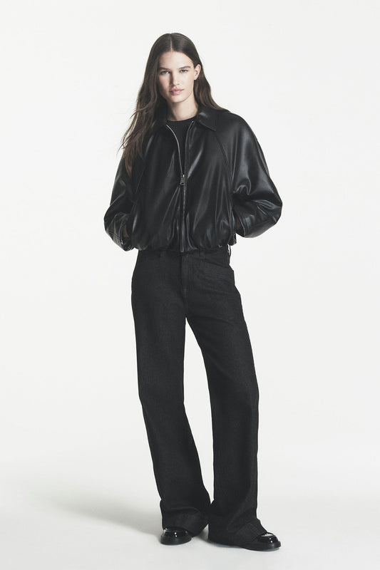FAUX LEATHER BUBBLE HEM JACKET Black | DKNY