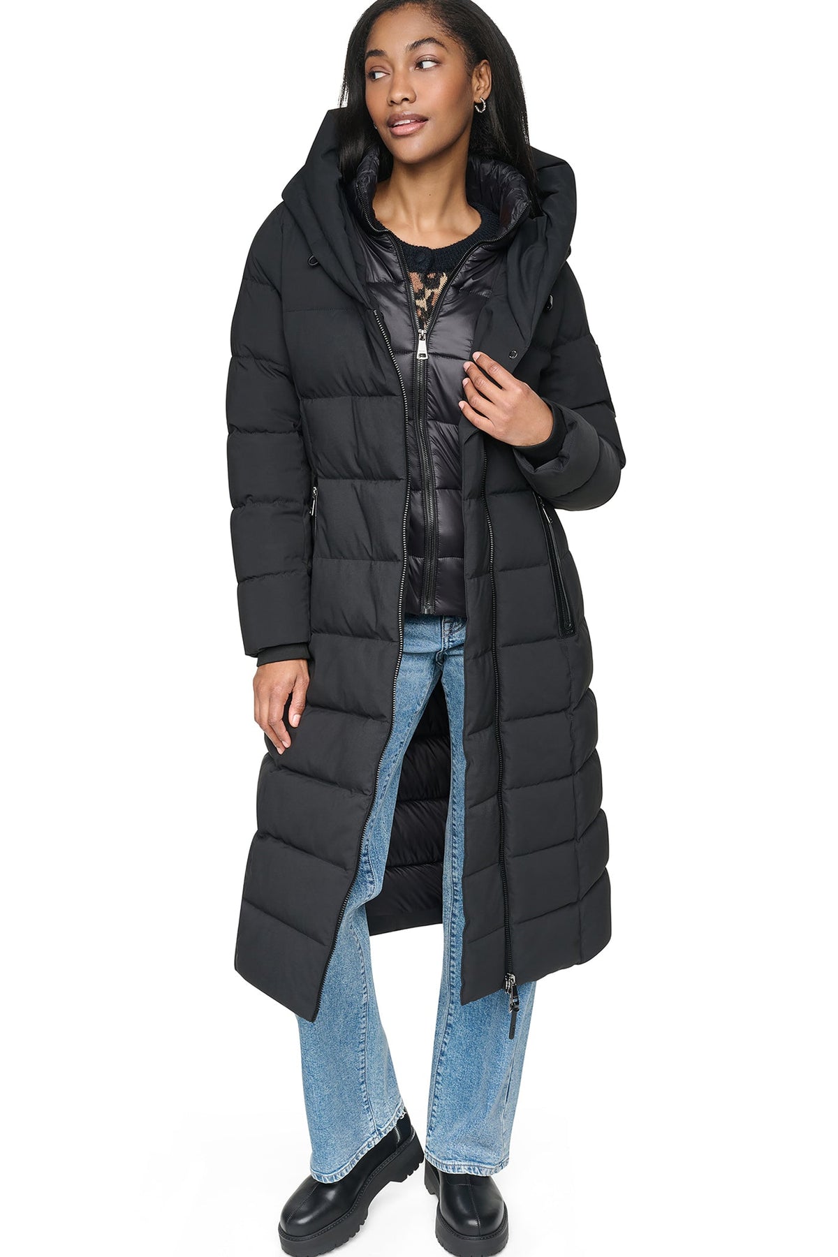 LONG HOODED PUFFER COAT Herringbone | DKNY