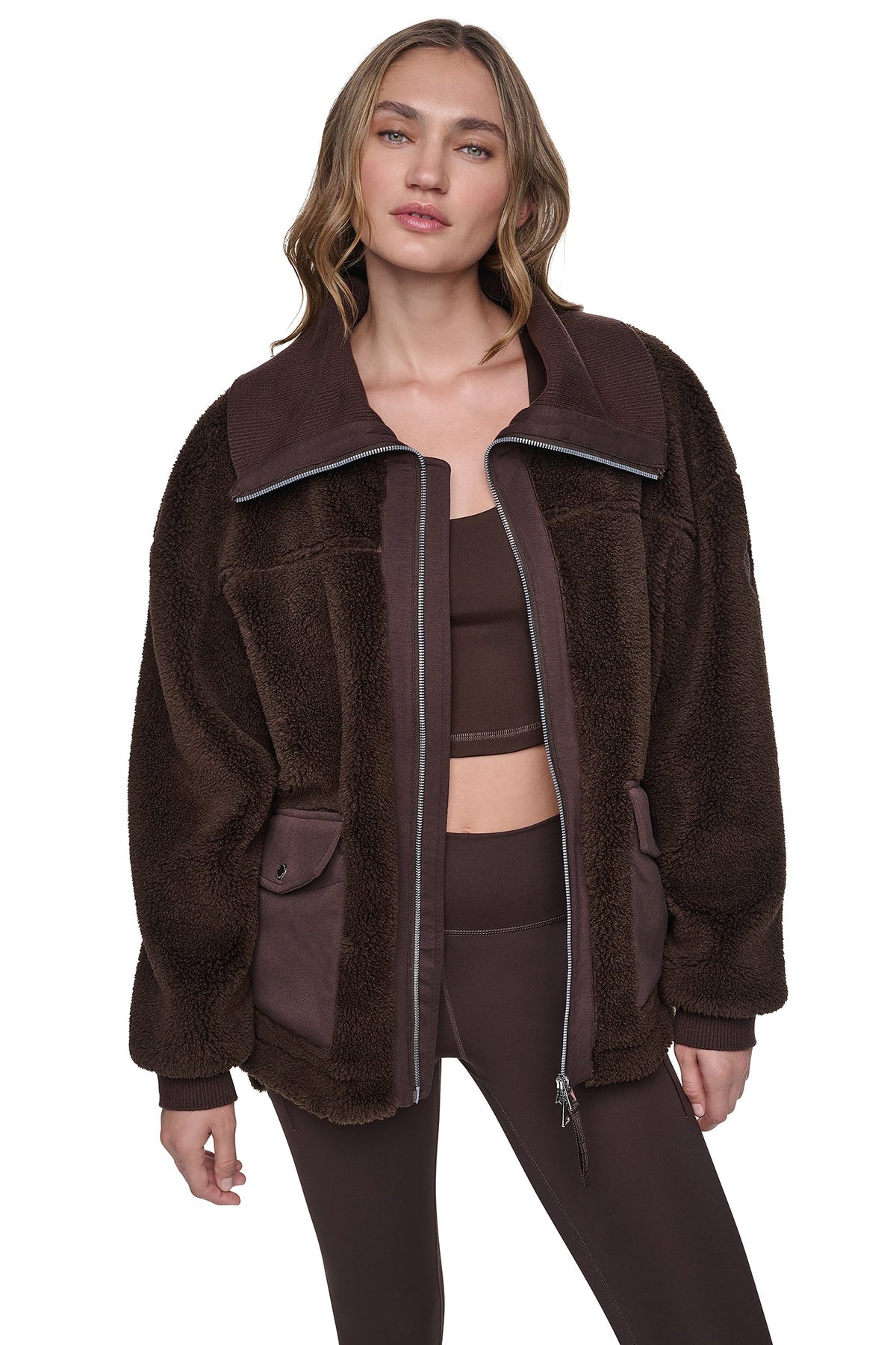 FUNNEL NECK SHERPA JACKET Espresso/Espresso | DKNY