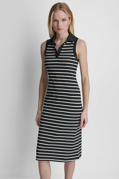 COTTON-BLEND SLEEVELESS MIDI SHIFT DRESS Black/Ivory | DKNY