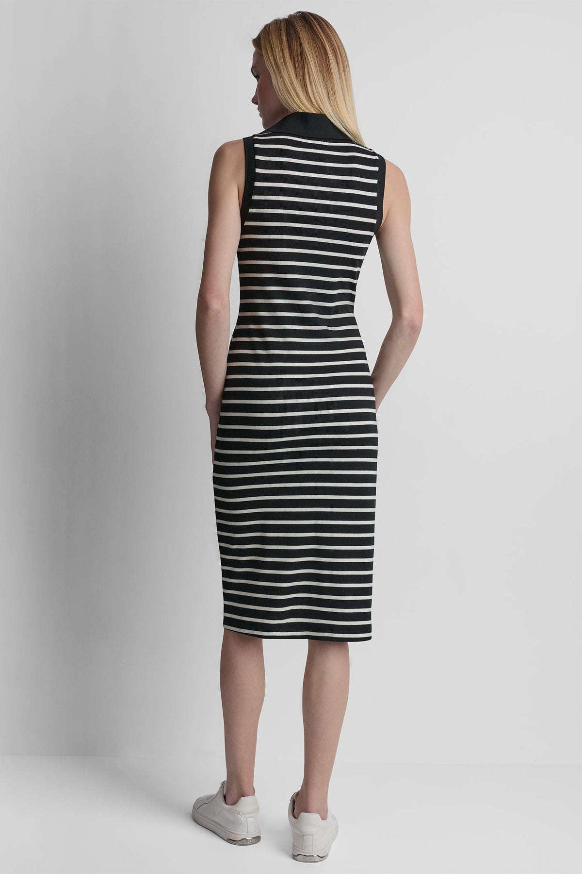 COTTON-BLEND SLEEVELESS MIDI SHIFT DRESS Black/Ivory | DKNY