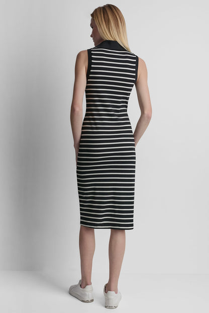 COTTON-BLEND SLEEVELESS MIDI SHIFT DRESS Black/Ivory | DKNY