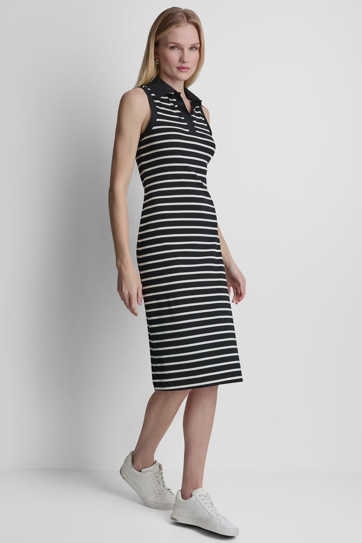 COTTON-BLEND SLEEVELESS MIDI SHIFT DRESS Black/Ivory | DKNY