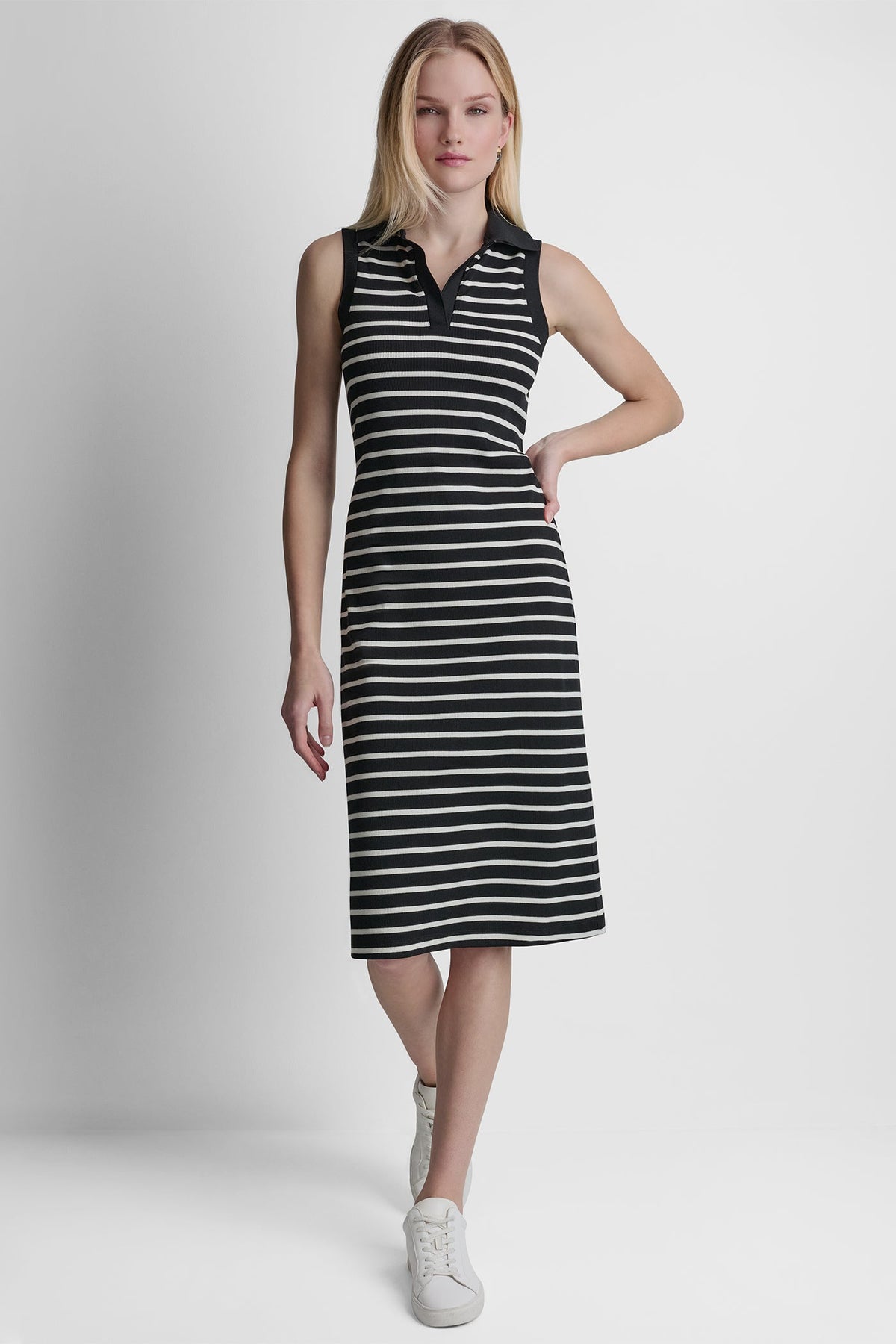 COTTON-BLEND SLEEVELESS MIDI SHIFT DRESS Black/Ivory | DKNY