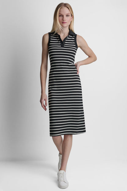 COTTON-BLEND SLEEVELESS MIDI SHIFT DRESS Black/Ivory | DKNY