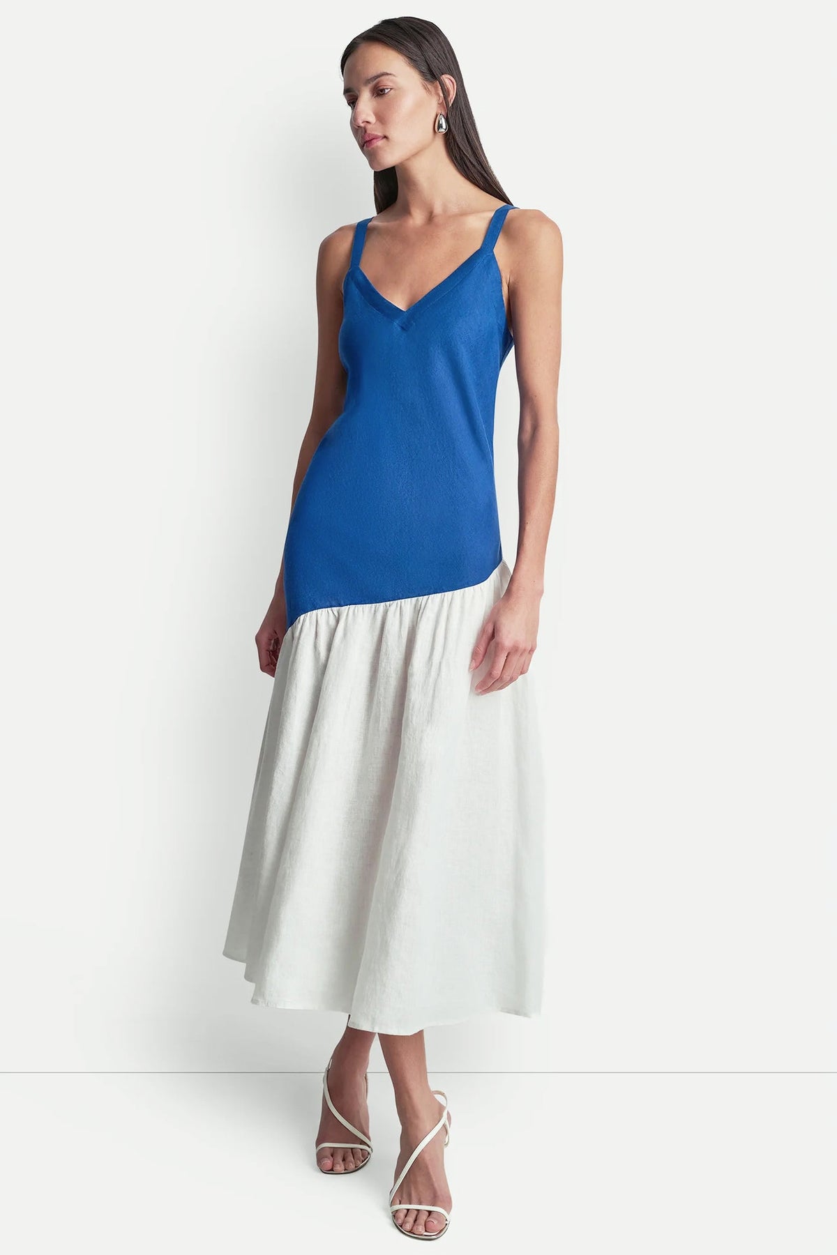 LINEN SLEEVELESS TWO-TONE MIDI DRESS Admiral/White | DKNY