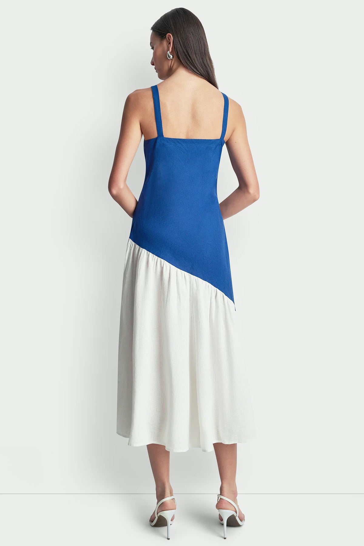 LINEN SLEEVELESS TWO-TONE MIDI DRESS Admiral/White | DKNY