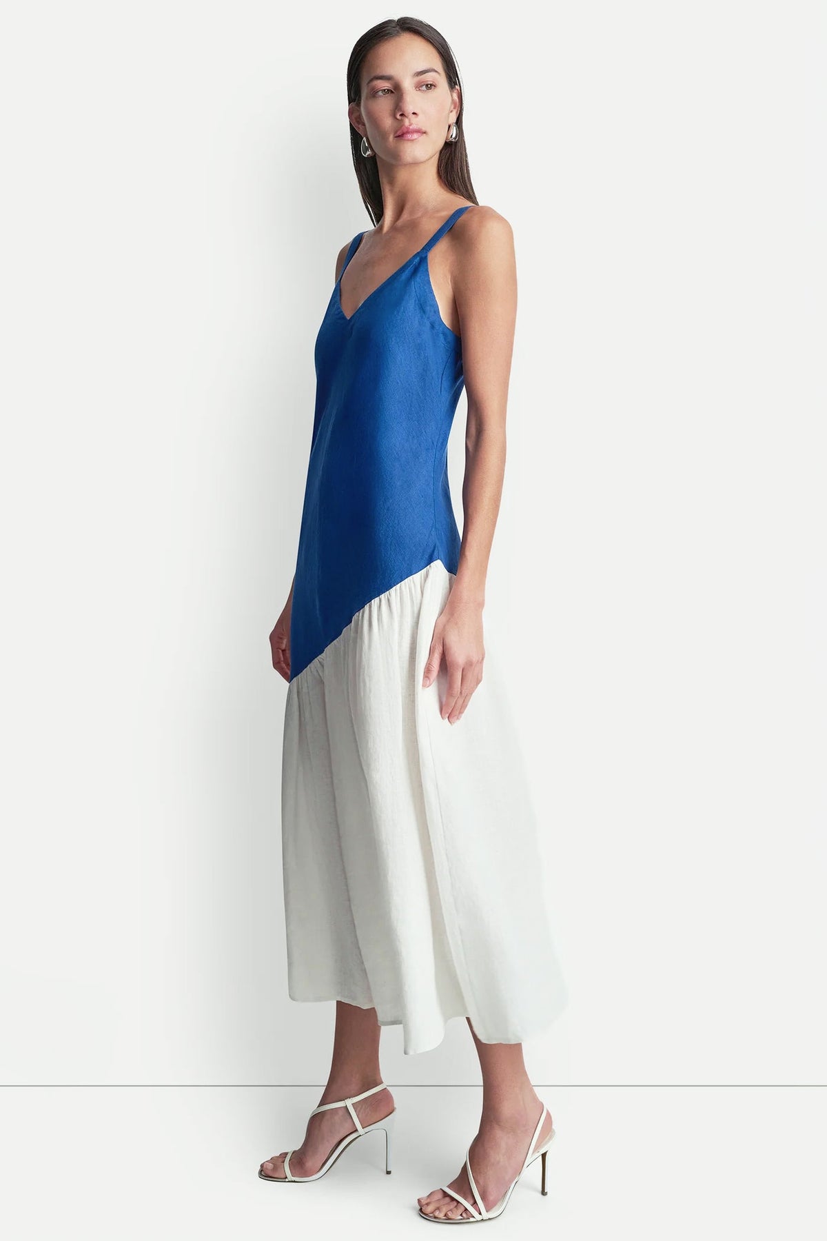 LINEN SLEEVELESS TWO-TONE MIDI DRESS Admiral/White | DKNY