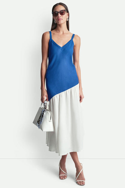 LINEN SLEEVELESS TWO-TONE MIDI DRESS Admiral/White | DKNY