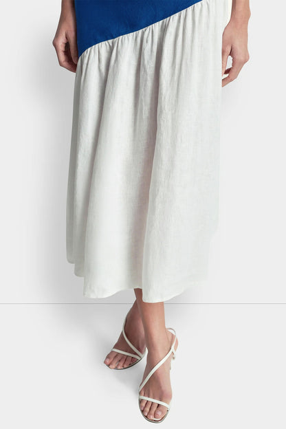LINEN SLEEVELESS TWO-TONE MIDI DRESS Admiral/White | DKNY