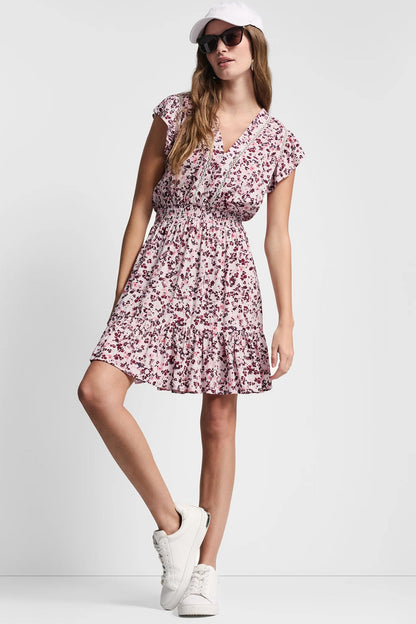 SMOCKED WAIST V-NECK DRESS Petite Fleur Coastline | DKNY