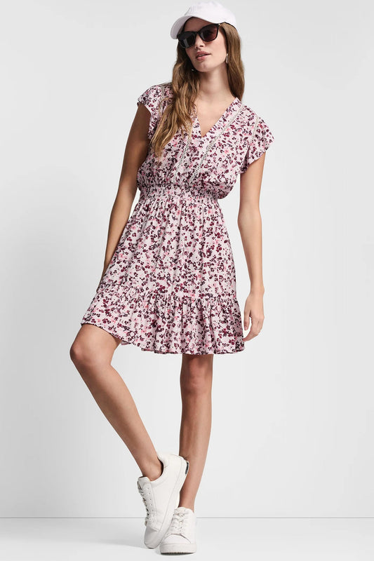 SMOCKED WAIST V-NECK DRESS Petite Fleur Coastline | DKNY