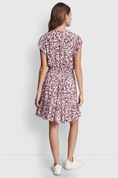 SMOCKED WAIST V-NECK DRESS Petite Fleur Coastline | DKNY