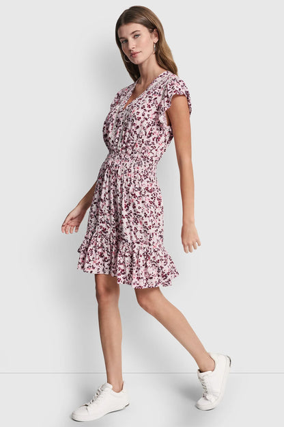 SMOCKED WAIST V-NECK DRESS Petite Fleur Coastline | DKNY