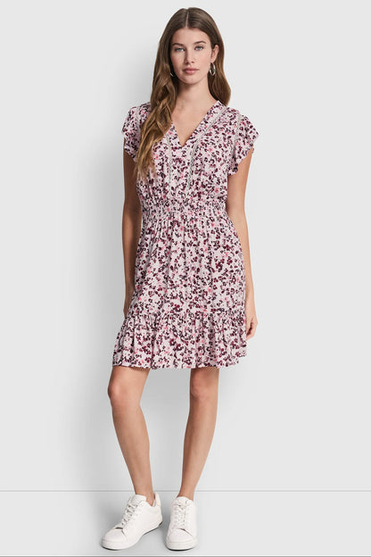SMOCKED WAIST V-NECK DRESS Petite Fleur Coastline | DKNY
