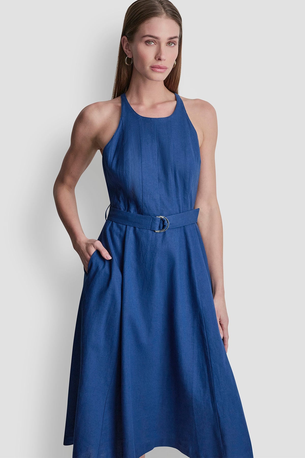 LINEN-BLEND SLEEVELESS MIDI DRESS Admiral | DKNY