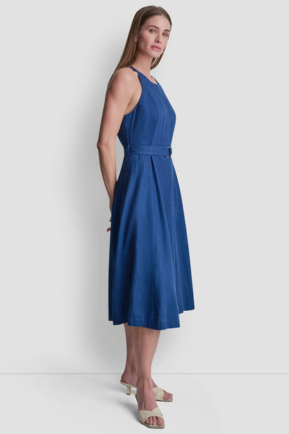 LINEN-BLEND SLEEVELESS MIDI DRESS Admiral | DKNY