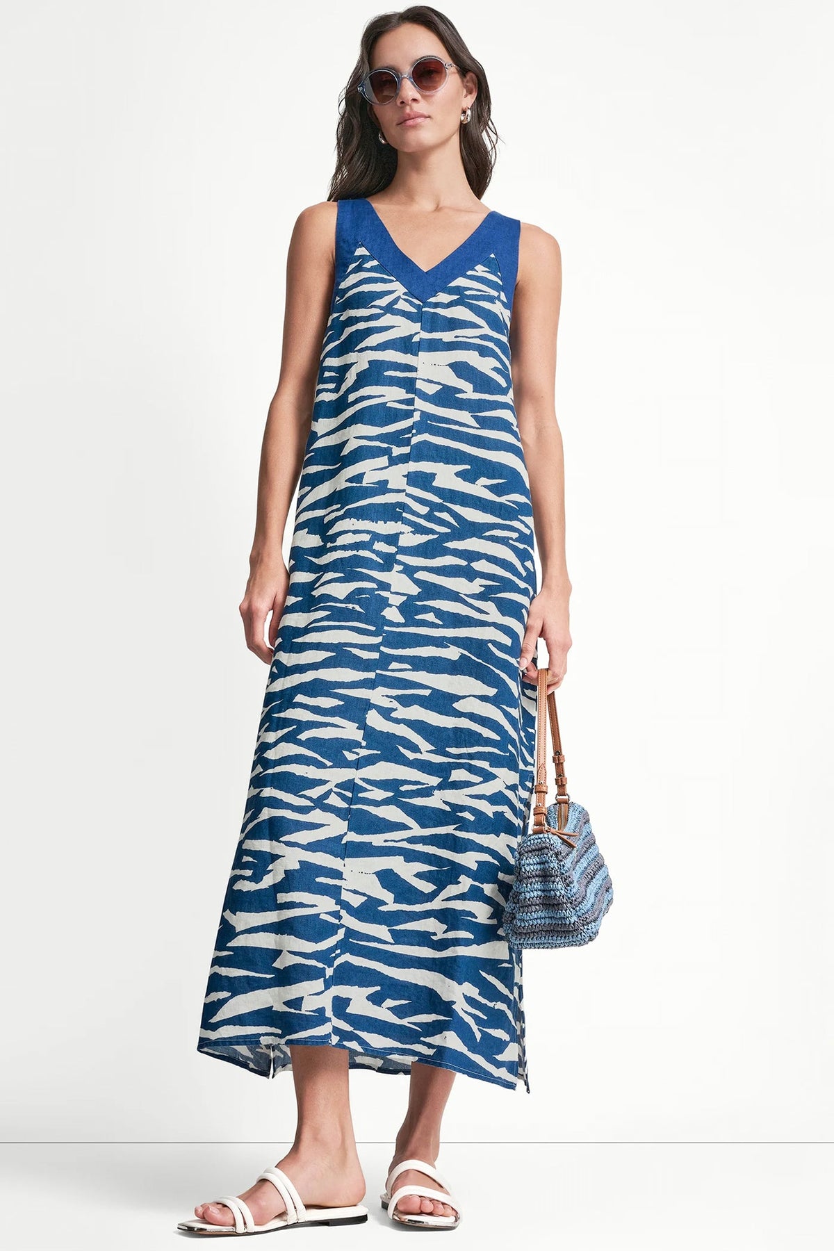 LINEN SLEEVELESS COLOR-BLOCK MIDI DRESS Tidal Break/Admiral | DKNY