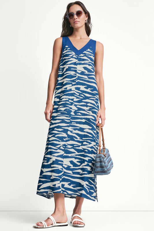 LINEN SLEEVELESS COLOR-BLOCK MIDI DRESS Tidal Break/Admiral | DKNY