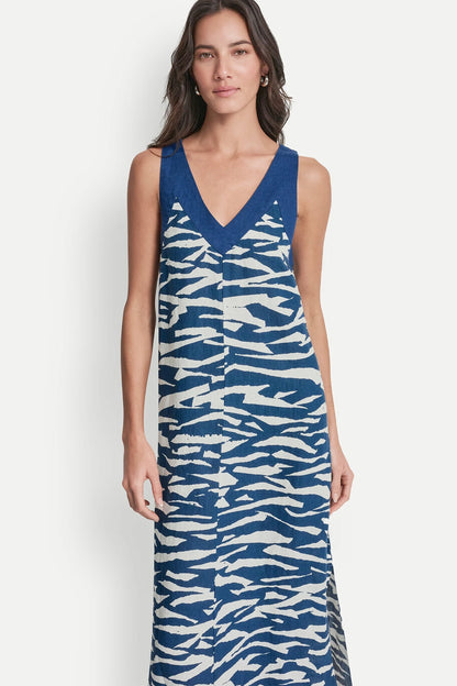 LINEN SLEEVELESS COLOR-BLOCK MIDI DRESS Tidal Break/Admiral | DKNY