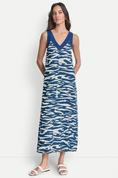 LINEN SLEEVELESS COLOR-BLOCK MIDI DRESS Tidal Break/Admiral | DKNY