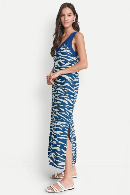 LINEN SLEEVELESS COLOR-BLOCK MIDI DRESS Tidal Break/Admiral | DKNY