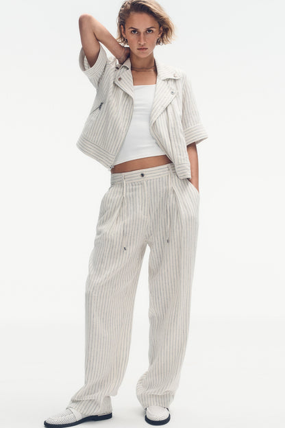 MID-RISE LINEN-BLEND PINSTRIPED PLEATED WIDE-LEG PANT Ivory/Admiral | DKNY