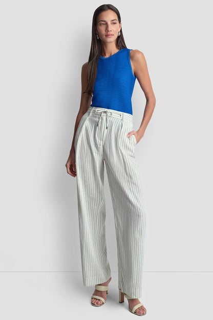 MID-RISE LINEN-BLEND PINSTRIPED PLEATED WIDE-LEG PANT Ivory/Admiral | DKNY