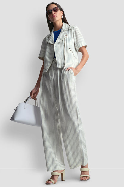 MID-RISE LINEN-BLEND PINSTRIPED PLEATED WIDE-LEG PANT Ivory/Admiral | DKNY