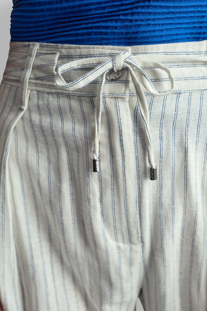 MID-RISE LINEN-BLEND PINSTRIPED PLEATED WIDE-LEG PANT Ivory/Admiral | DKNY