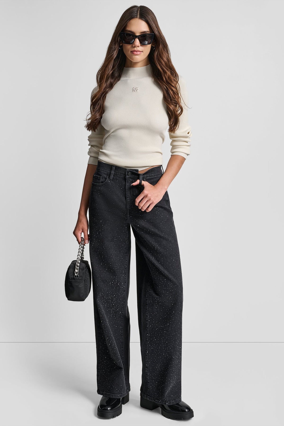 HIGH-RISE WIDE LEG WITH RHINESTONE EMBELLISHMENT ANCHOR | DKNY