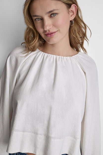 LINEN-BLEND RAGLAN SLEEVE BLOUSE Frost Blue | DKNY