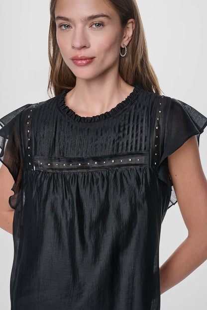 PLEATED STUDDED BLOUSE Black | DKNY