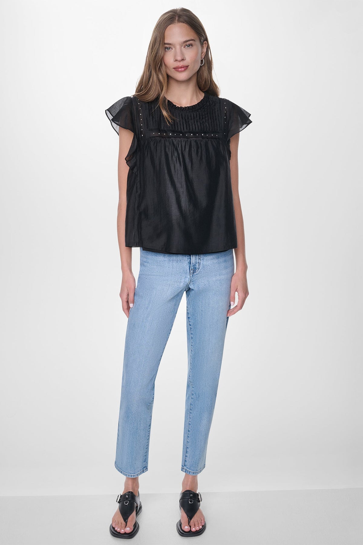 PLEATED STUDDED BLOUSE Black | DKNY