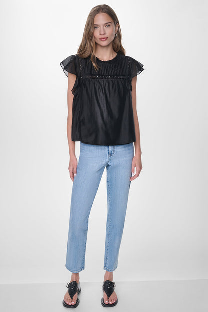 PLEATED STUDDED BLOUSE Black | DKNY