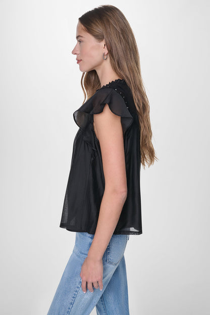 PLEATED STUDDED BLOUSE Black | DKNY