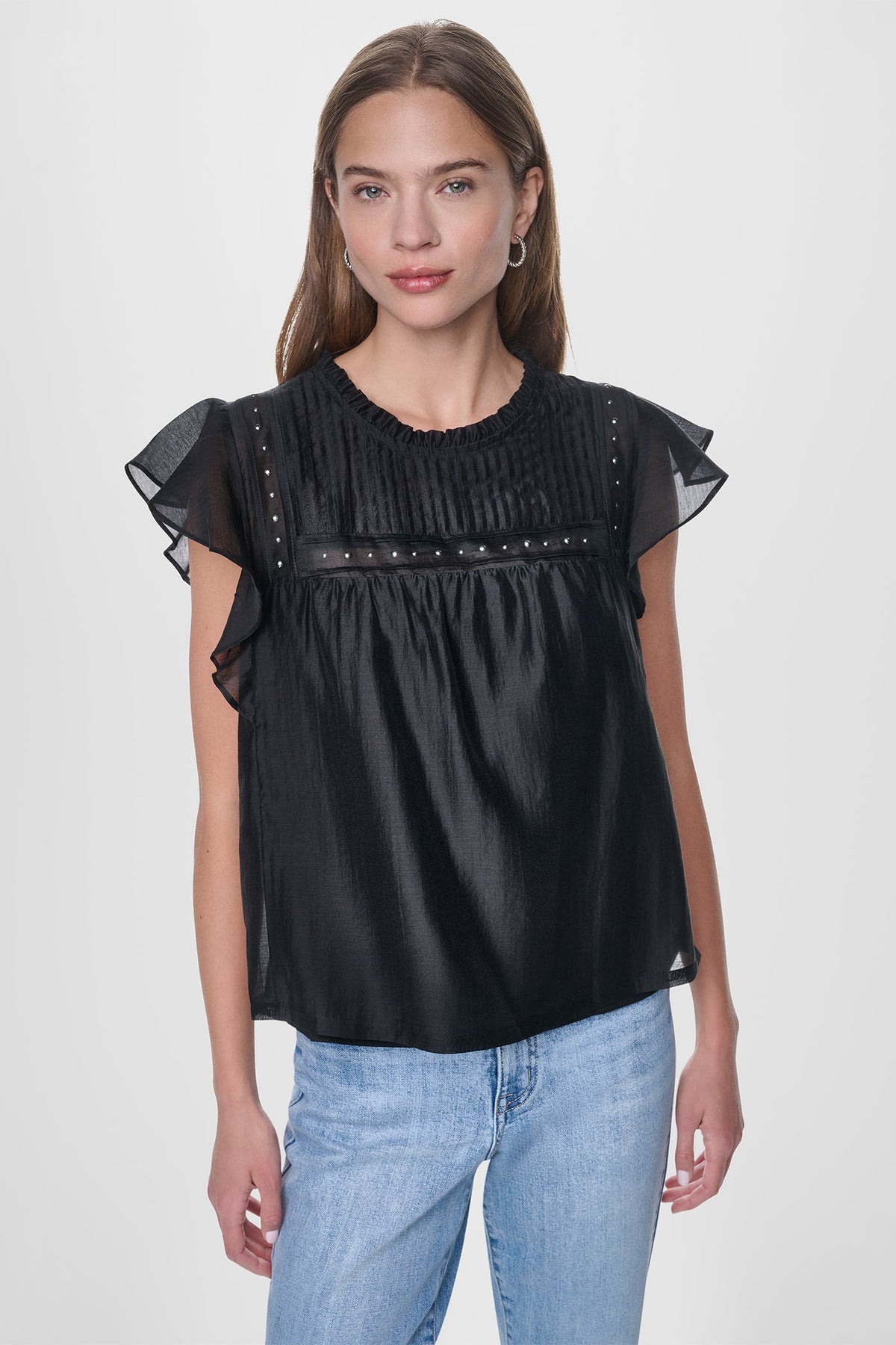 PLEATED STUDDED BLOUSE Black | DKNY