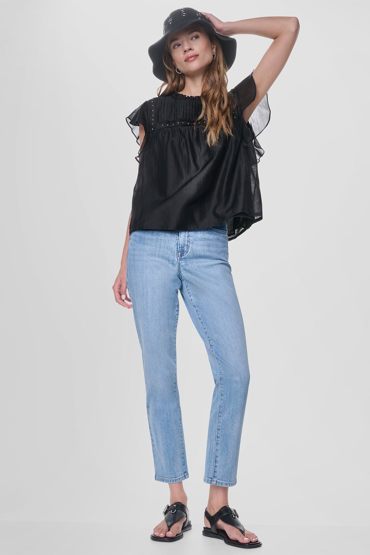PLEATED STUDDED BLOUSE Black | DKNY