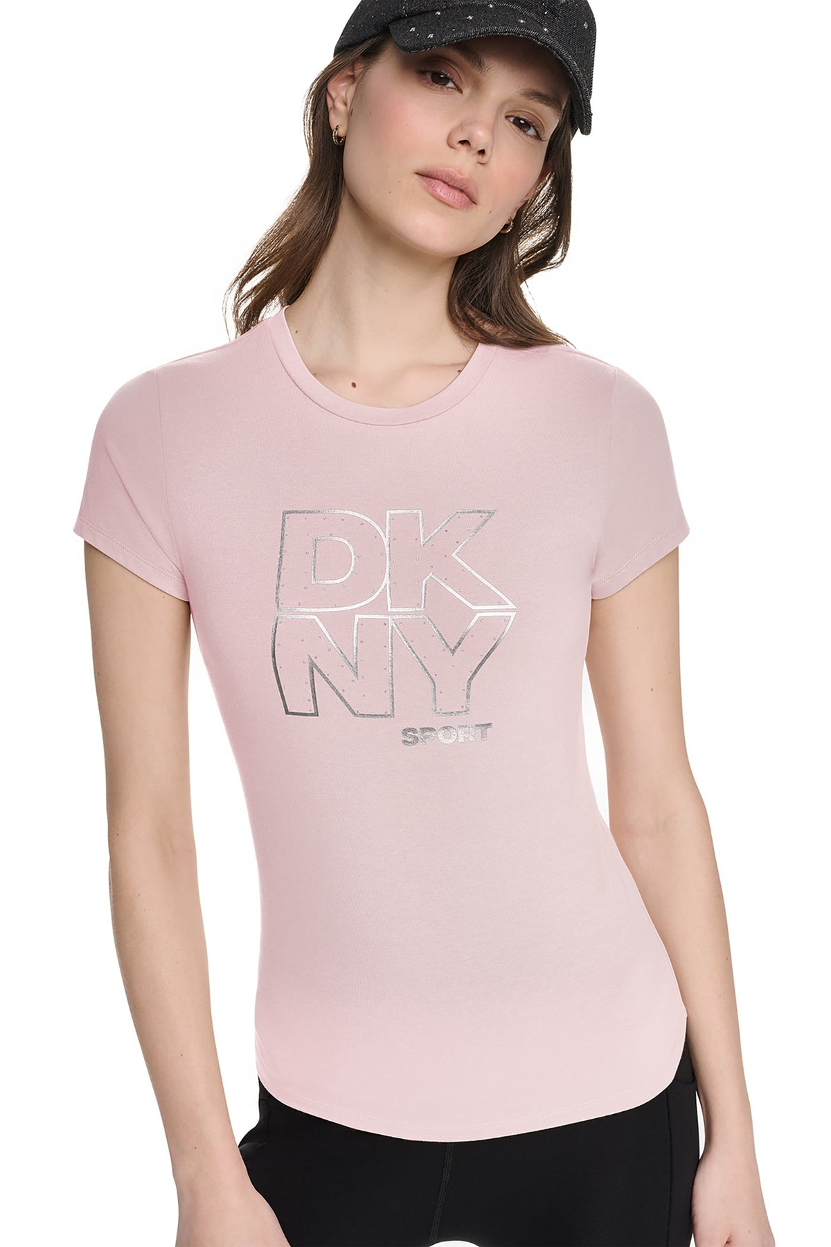 CRYSTAL METALLIC LOGO BABY TEE Praline/Silver | DKNY