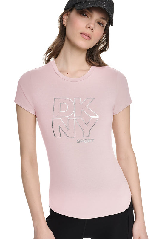 CRYSTAL METALLIC LOGO BABY TEE Praline/Silver | DKNY