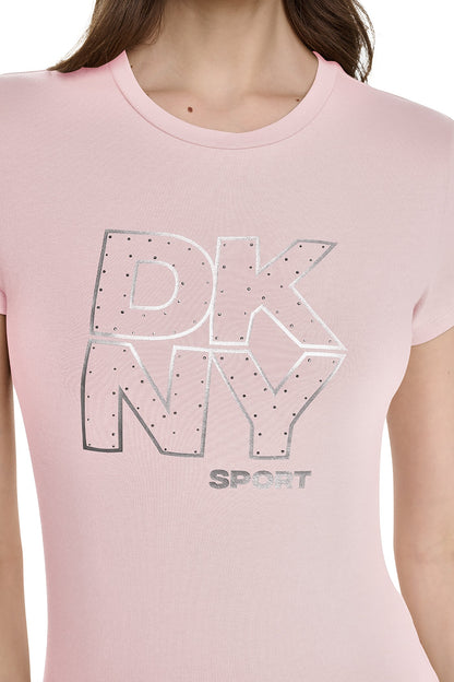 CRYSTAL METALLIC LOGO BABY TEE Praline/Silver | DKNY
