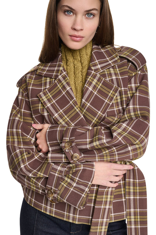 PLAID DOUBLE BREASTED SHORT TRENCH Tribeca Plaid Chestnut | DKNY
